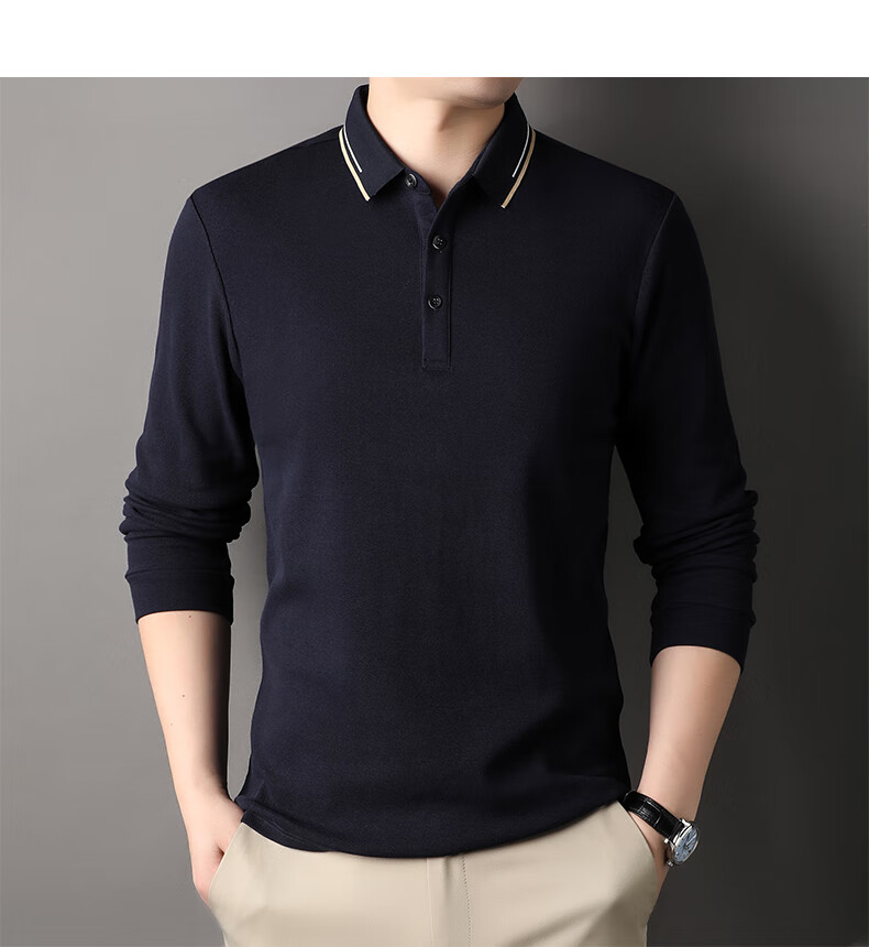 ROMON 100% Cotton Long Sleeve Men's Polo Collar Business Casual Knit Shirt Spring Autumn 10