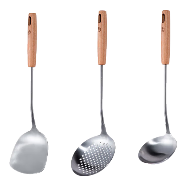 JD Original Spatula, Ladle And Soup Spoon Set, 304 Stainless Steel with Beech Wood Handles [Thickened Heat-Resistant], Three-Piece Kitchen Utensil Set