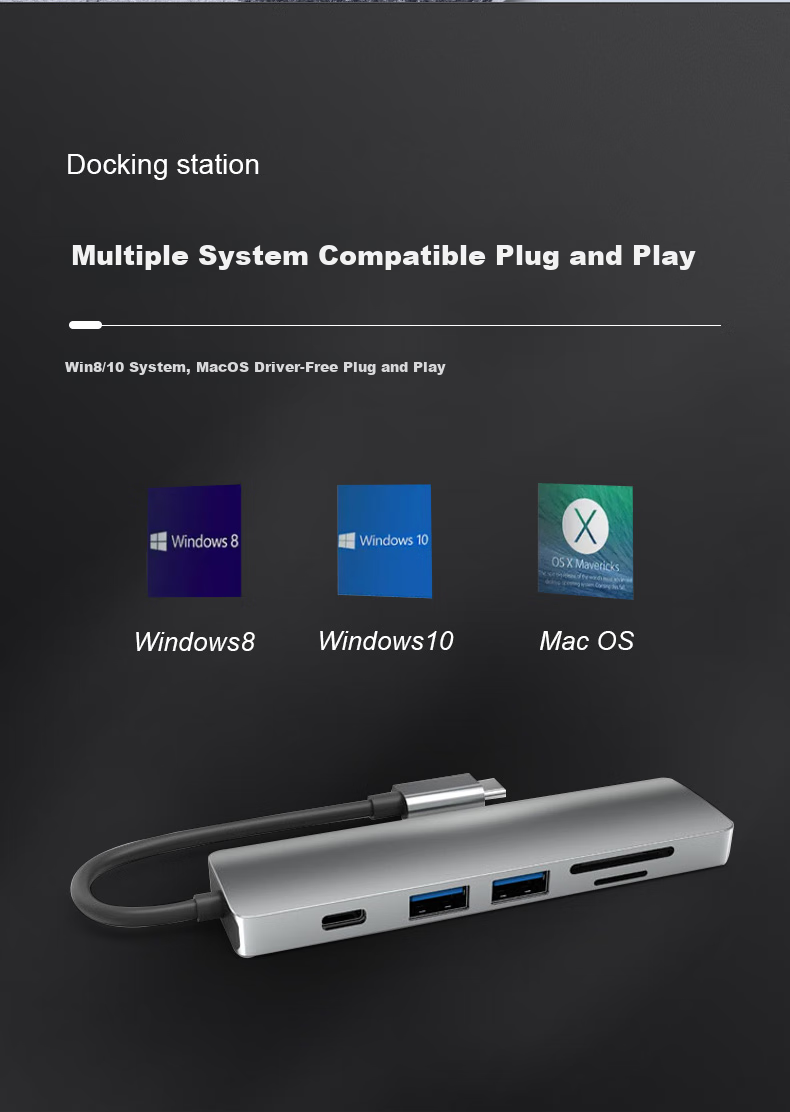 ECOLA Type-C Five-In Docking Station with Charging Port, Compatible with Apple And Huawei Laptops, USB2.0/HDMI/VGA/PD Fast Charging CB-A053GR 8