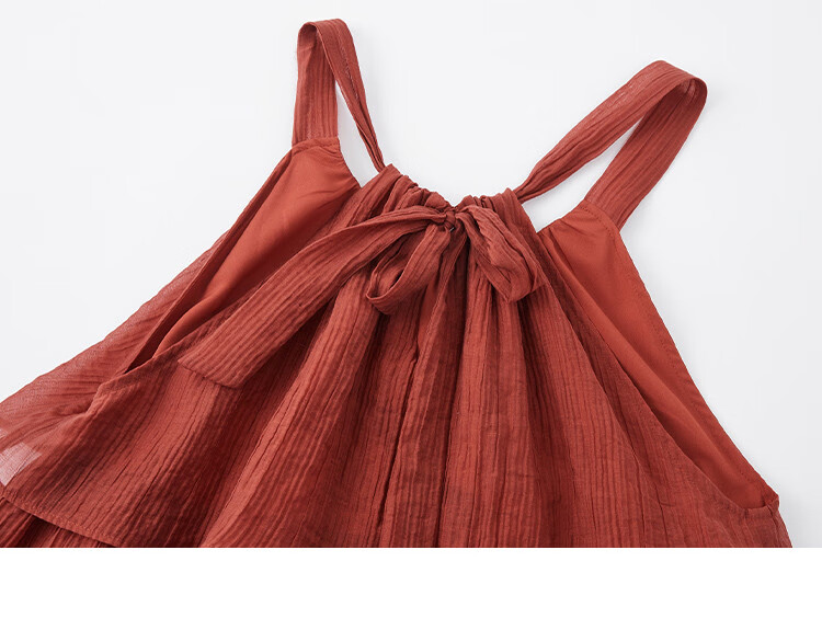 Dme [Heavy Workmanship Layered Spaghetti Strap Dress], Summer Vacation Style, Retro Brick Red, Elegant Cake Skirt 38