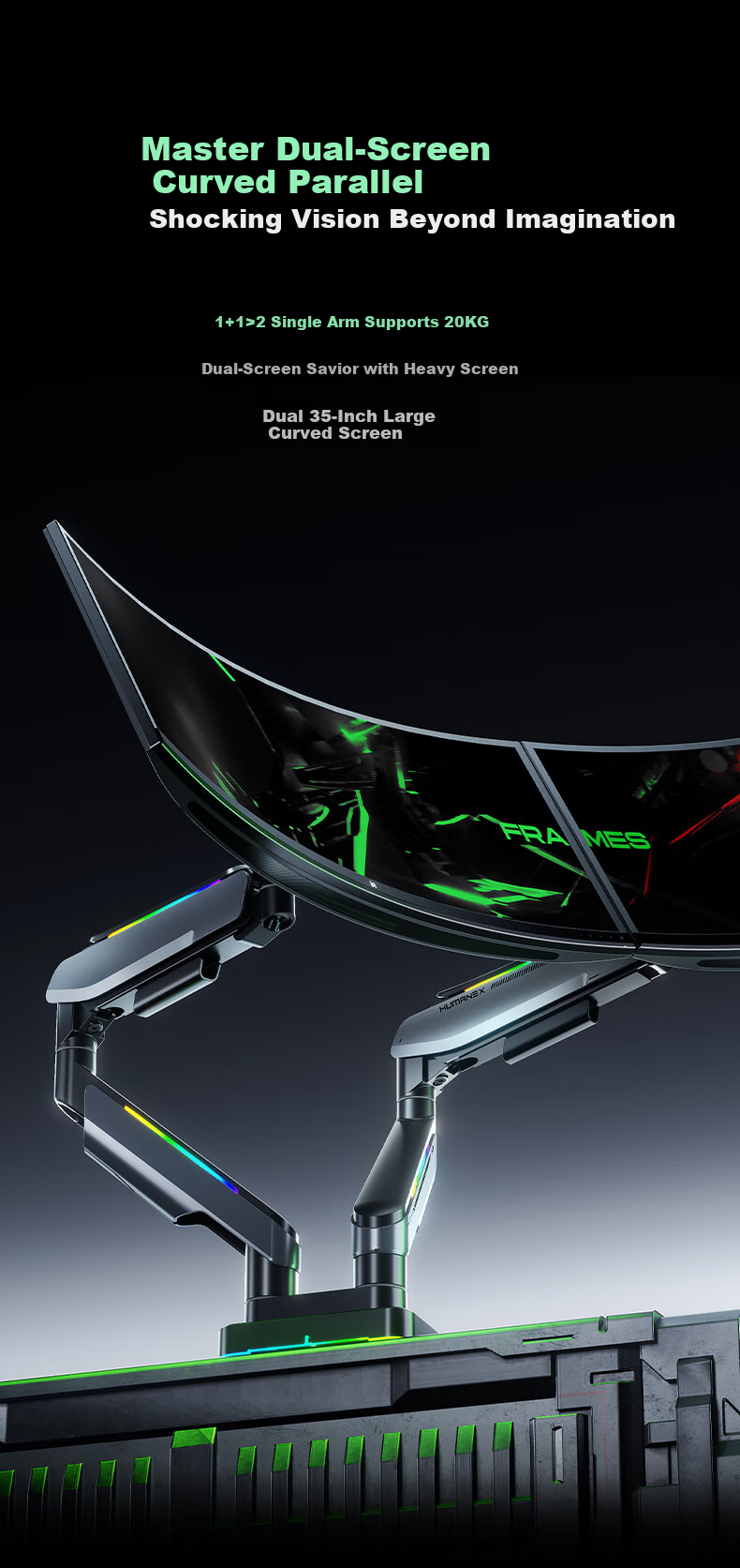 HUMANEX Monitor Stand, Computer Display Stand, Gaming RGB Mechanical Arm, Desktop Riser, Heavy-Duty Load Capacity of 18KG, Suitable for 17-45 Inch Screens, Dark Angel T18-1H 7