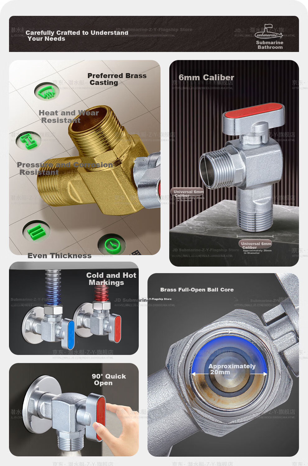 Submarine F1046A Brass Ball Valve, Full-Open High-Flow Copper Valve Core for Gas Water Heater, Floor Heating, Wall-Mounted Boiler Hot Water Valve 2