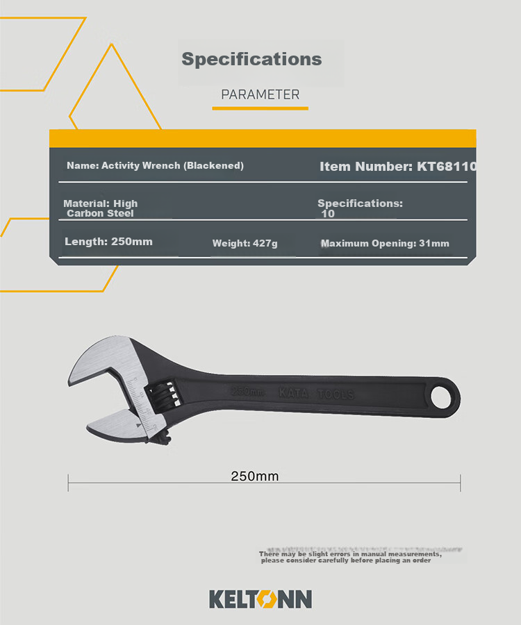 KELTONN Adjustable Wrench, 12-Inch Open-End Wrench, Multi-Functional Spanner, Manual Tool, KT68112 2