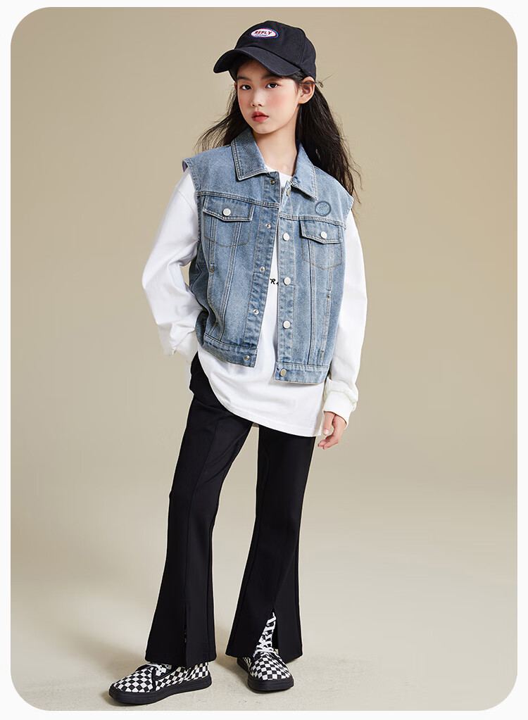 QQ DUCK Children's Denim Vest Girls' Sleeveless Jacket Youth Clothing Classic Vest Navy Blue; 165 22