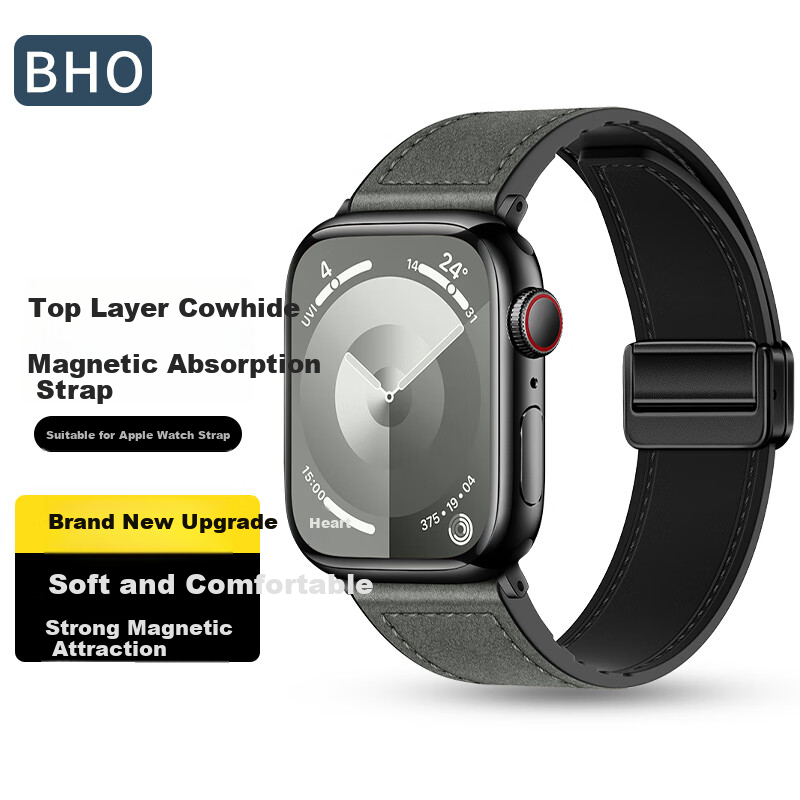 BHO Compatible Apple Watch Band, Genuine Leather Strap for Apple Watch S12/S11, IWatch S10/9/8/7/6/Ultra4/SE3/2/1, Magnetic Clasp, Genuine Leather