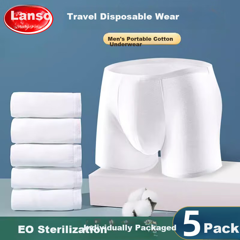 LangSha Disposable Men's Underwear, 5-Pack, Pure Cotton, No-Wash Sterilized, for Business Trips And Travel, Boxer Briefs, White Daily Disposable Underpants for Me