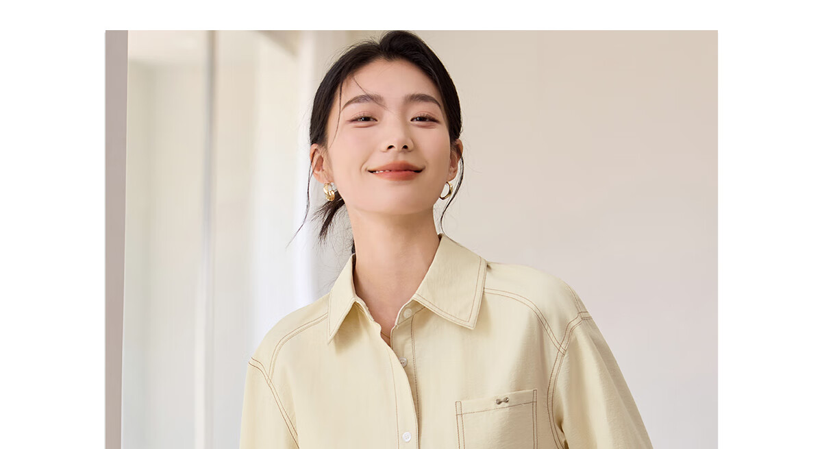 Chushen Women's Short Autumn Shirt Jacket with Drawstring Hem, Contrasting Color Stitching Design for Petite Figures S51D039 19