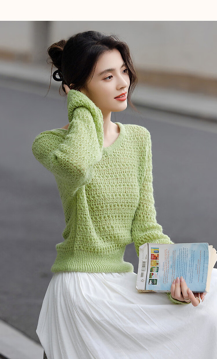 Dme [Containing Wool] Spring And Autumn Gentle V-Neck Hollow-Out Sweater, Body-Hugging, Girly Short Knit Top for Wome 17