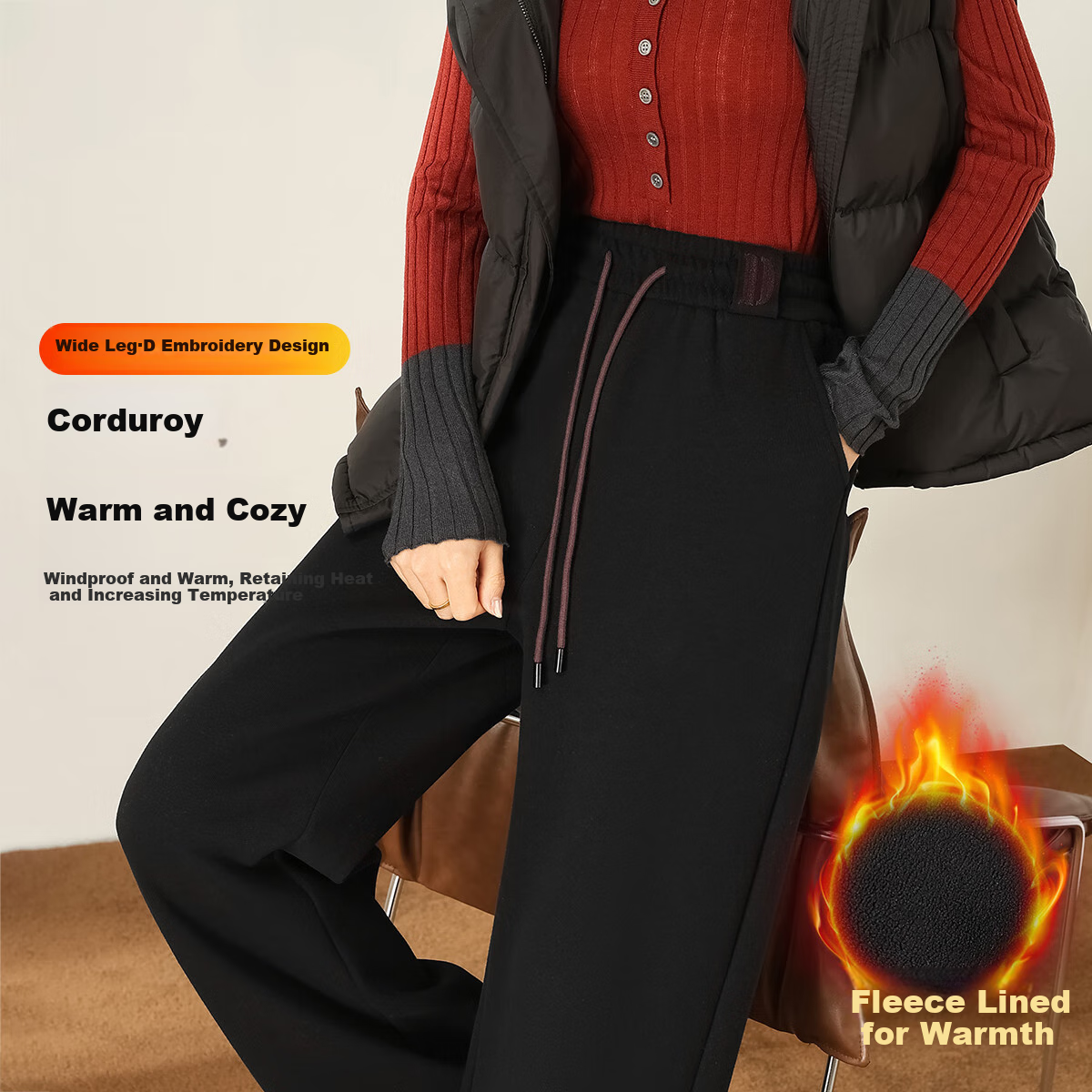 DME Fleece-Lined Thick Warm Slim-Fit Wide-Leg High-End Flattering Loose Elastic Waist Trousers, Black, XL