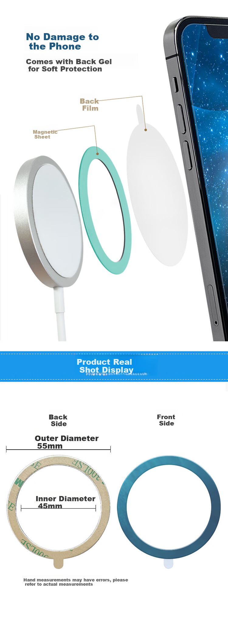 MAIKUQI Metal Magnetic Strip MagSafe Magnetic Adhesive Ultra-Thin Magnetic Sticker Car Mount Ring Magnetic Strip Universal for Apple 13/12 Android - Silver [2 Pieces] 4