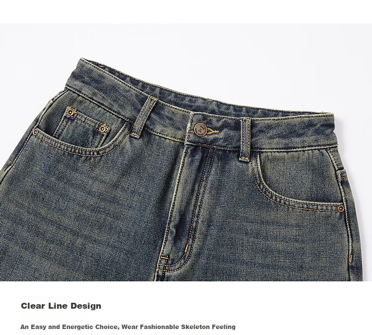 Dme Winter Simple Style Cloud Cotton Vintage Faded White Thread Cat Whisker Pattern Slimming Jeans for Women, Dark Denim Blue, S 5