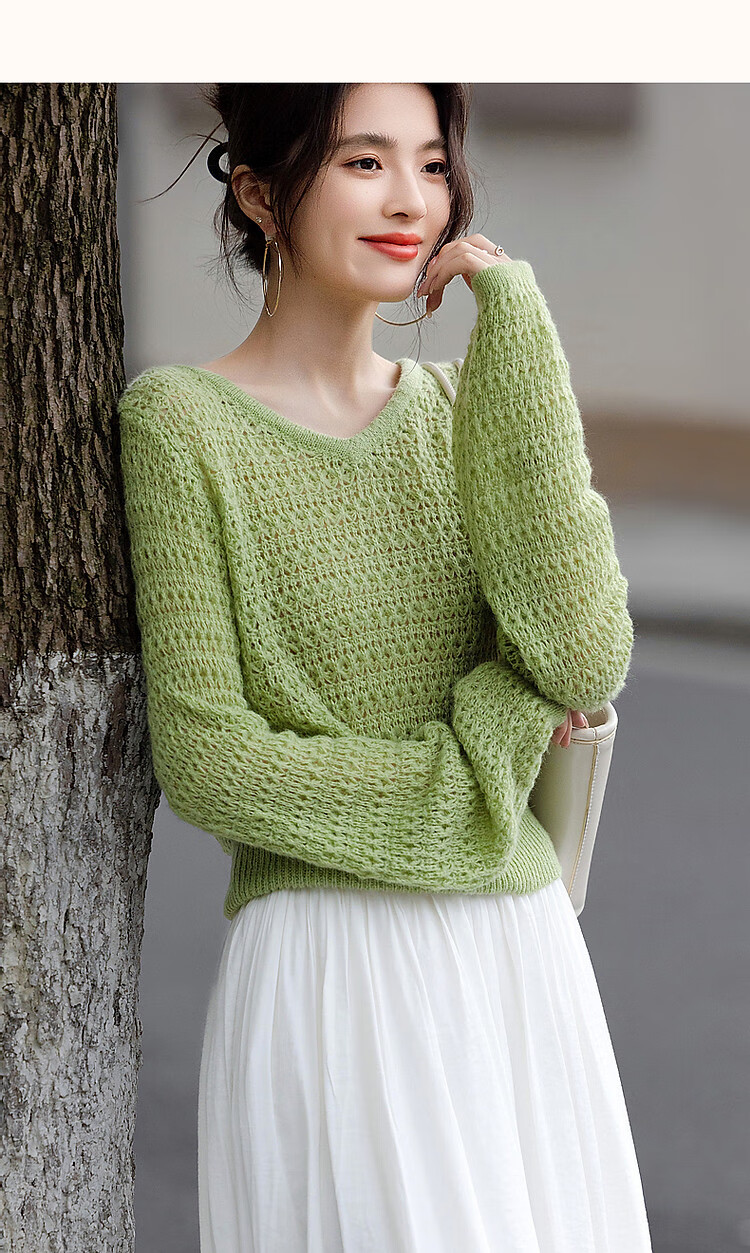 Dme [Containing Wool] Spring And Autumn Gentle V-Neck Hollow-Out Sweater, Body-Hugging, Girly Short Knit Top for Wome 18