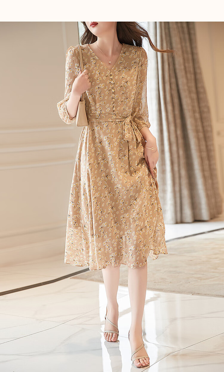Dme [Xiao Zhi Ju Print Chiffon Dress], Spring And Autumn V-Neck Waist-Cinching Puff Sleeve Midi Dress for Wome 10