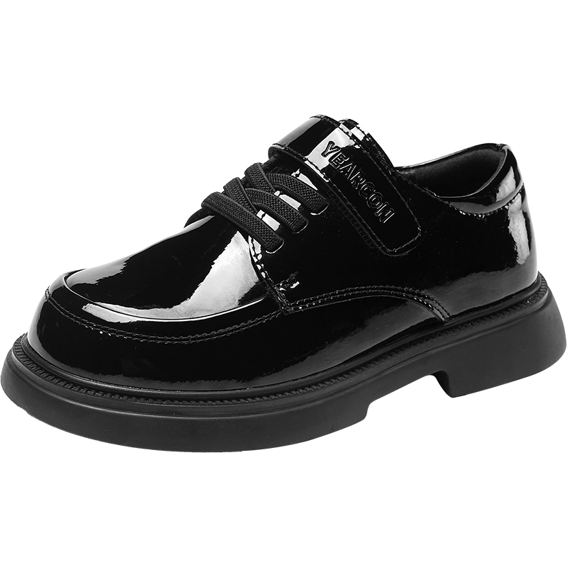 Yierkang Children's Shoes, 2026 Autumn Black Patent Leather British Style Boys' Dress Shoes, School Formal Wear for Older Children, Stage Performance Shoes, Black, Size 28
