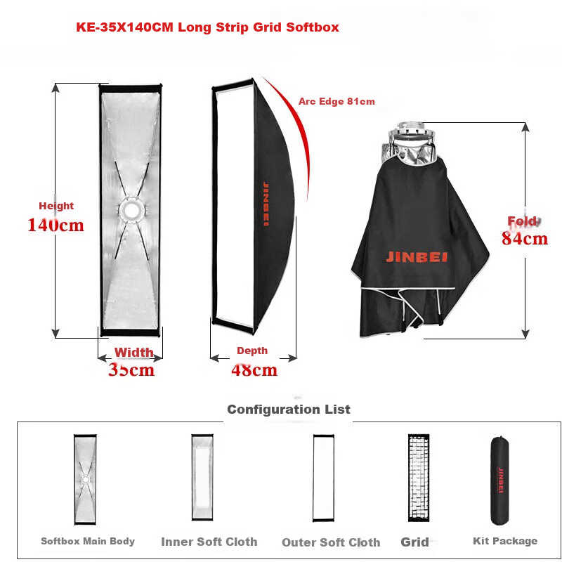JINBEI KE Series Quick-Install Grid Softbox, Deep Mouth, Deep Throw, Octagonal, Rectangular Softbox, Integrated Rod Cover, KE-35*140 Professional Grid Softbox (Including Grid)