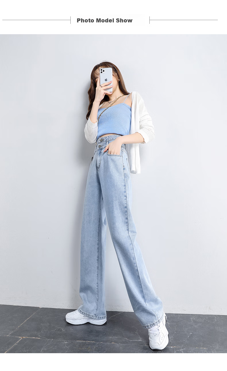 Jeanswest Women's Jeans, Summer High-Waisted Slimming Heightening Design Straight Wide-Leg Floor-Length Pants, Dark Blue, Size M 12