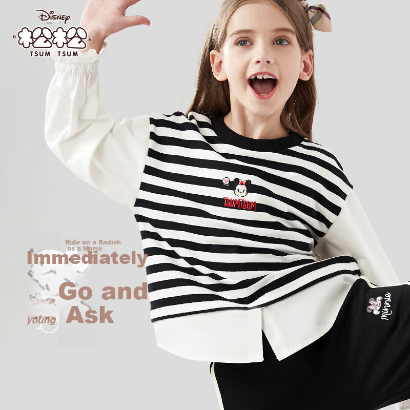 Disney Girls' Sweatshirt Spring And Autumn Children's Long-Sleeve Shirt Casual Top for Older Kids Z233037 Black And White 120cm