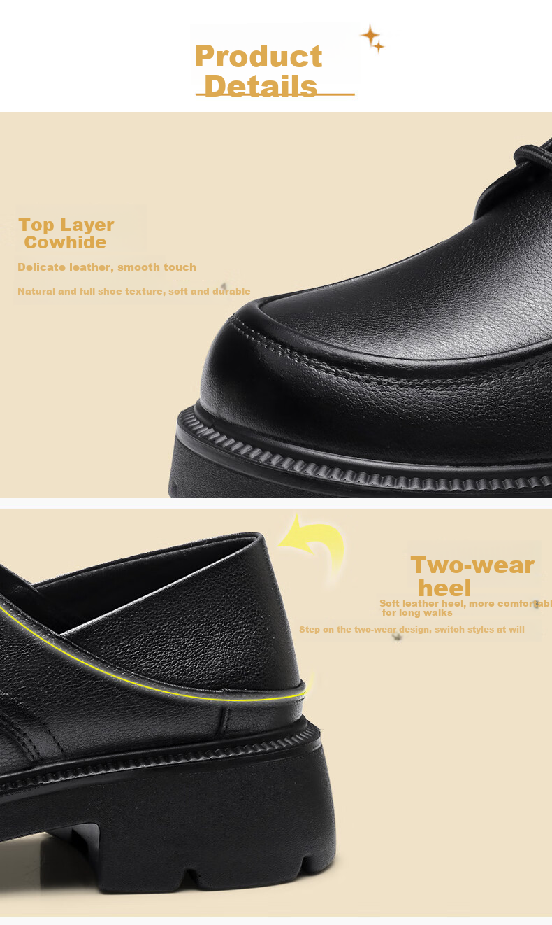 Qiangren Women's Shoes, Top-Grain Leather, Breathable Thick-Soled Flats, Comfortable Wide-Fit Leather Shoes, Loafers, JDA73272, Black, Size 37 9