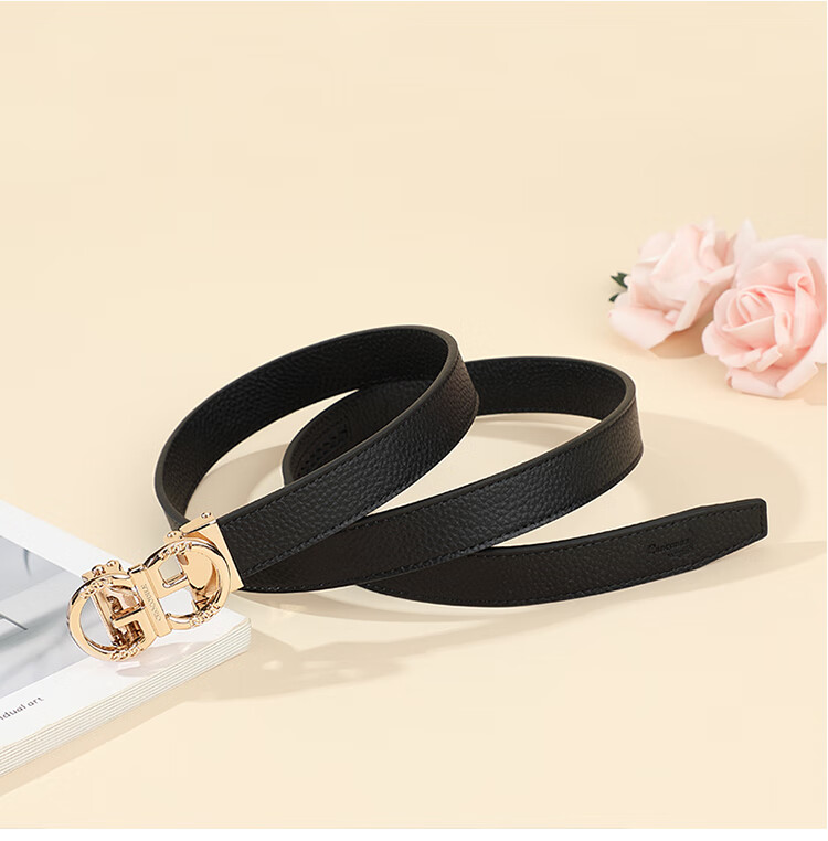 CROCODILE Top-Grain Leather Fashion Belt for Women, Automatic Buckle, Exquisite And Minimalist Waist Belt T3797 Black Gift Box Set 6