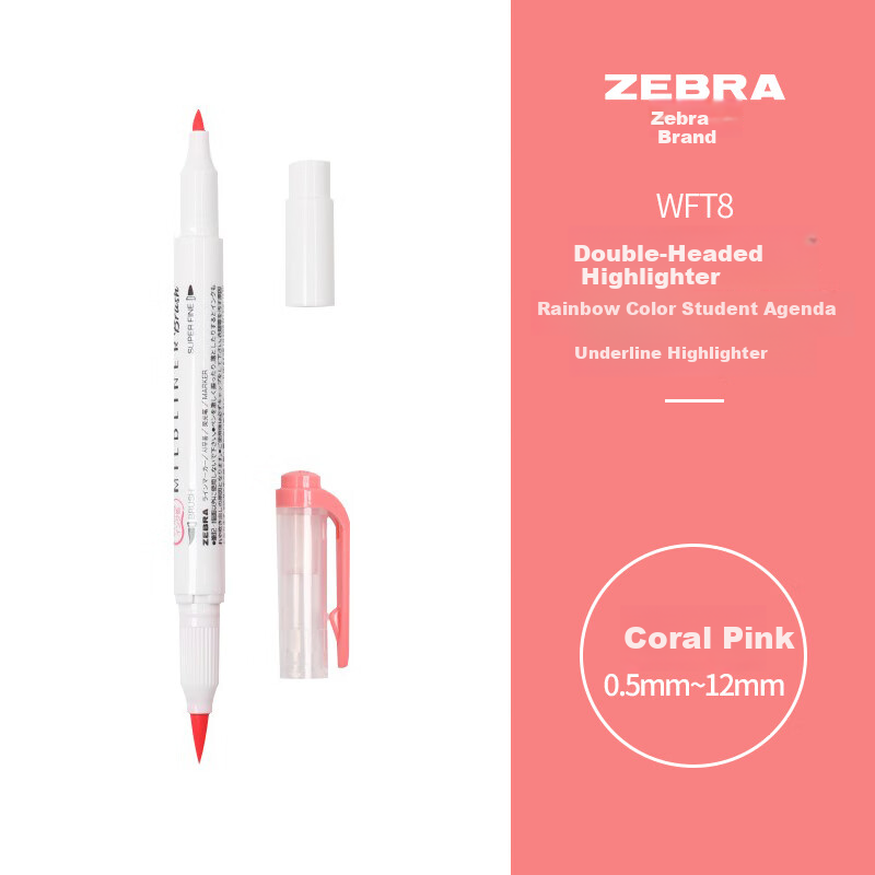 ZEBRA Double-Ended Highlighter, Rainbow Color Planner Pen, Student Emphasis Marking Pen, Brush Soft Color Series, WFT8, Gentle Coral Pink