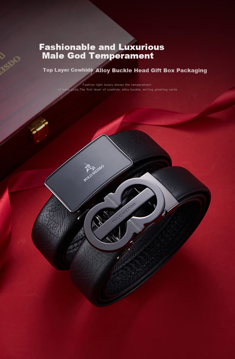 POLOMEISDO Men's Genuine Leather Belt with Automatic Buckle, Double-Buckle Gift Box, Self-Operated Birthday Present for Boyfriend, Husband, Father 4