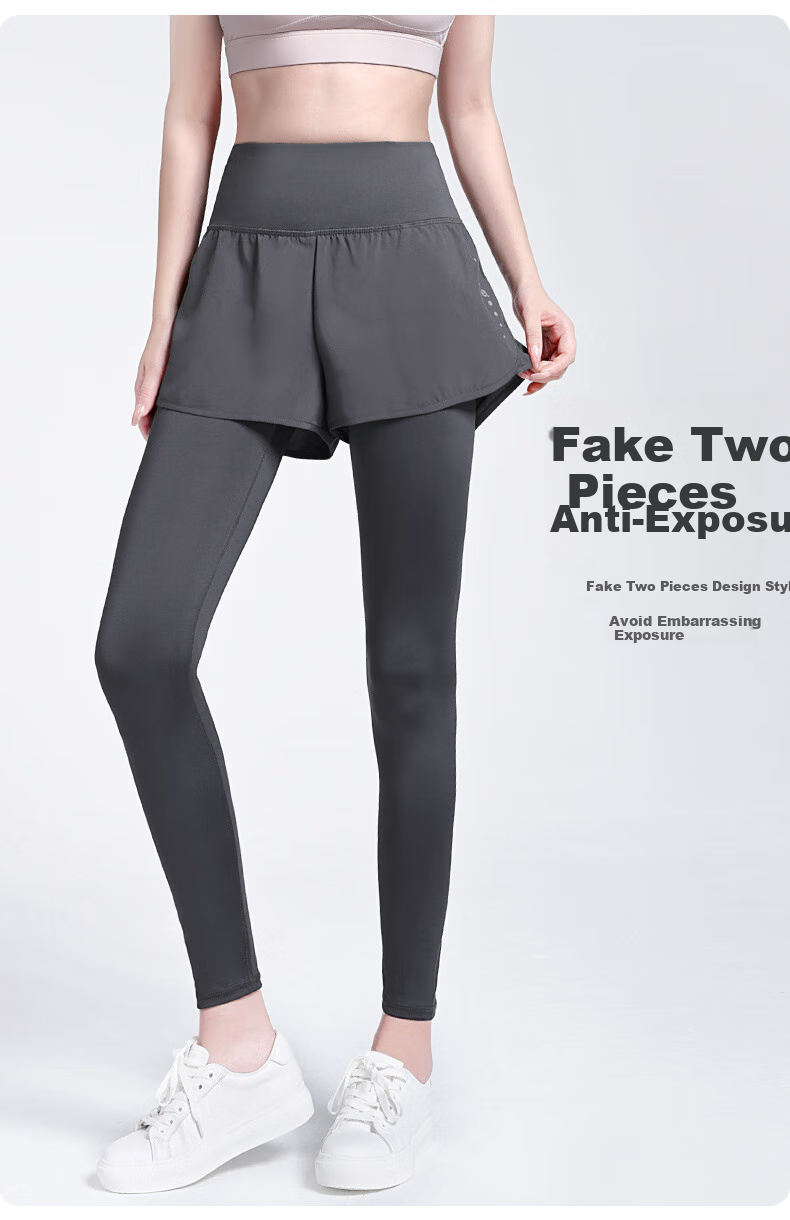 CAMEL Fleece-Lined Faux Two-Piece Fitness Pants for Women, High-Waisted Tight Running Trousers Y24CA4L0612 Phantom Black S 27