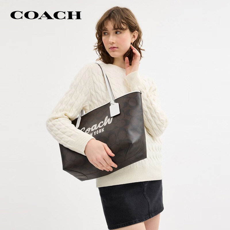 COACH [Brand Direct Supply], Women's CITY33 Shoulder Tote Bag, Dark Brown with White Accents, CY705, New Year Gift