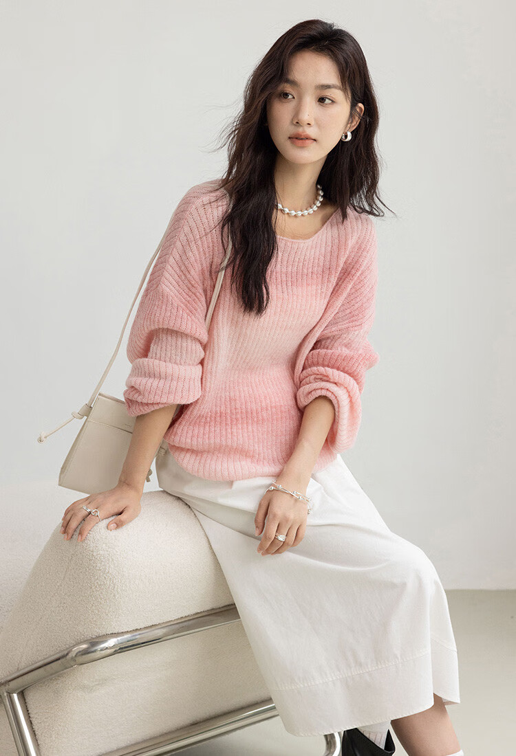 Demana Peach Blush Gradient Design Long Sleeve Knit Sweater Women Winter Crew Neck Pullover 4