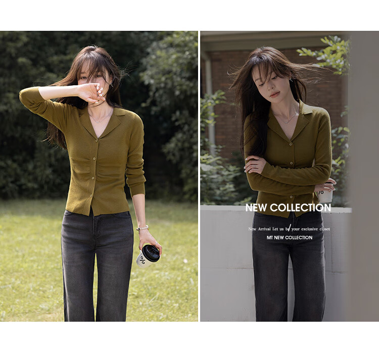 Mt [Korean-Style Elegant Office Wear] Spring Fashion Lapel Simple Solid Color Long-Sleeve Knit Sweater 4