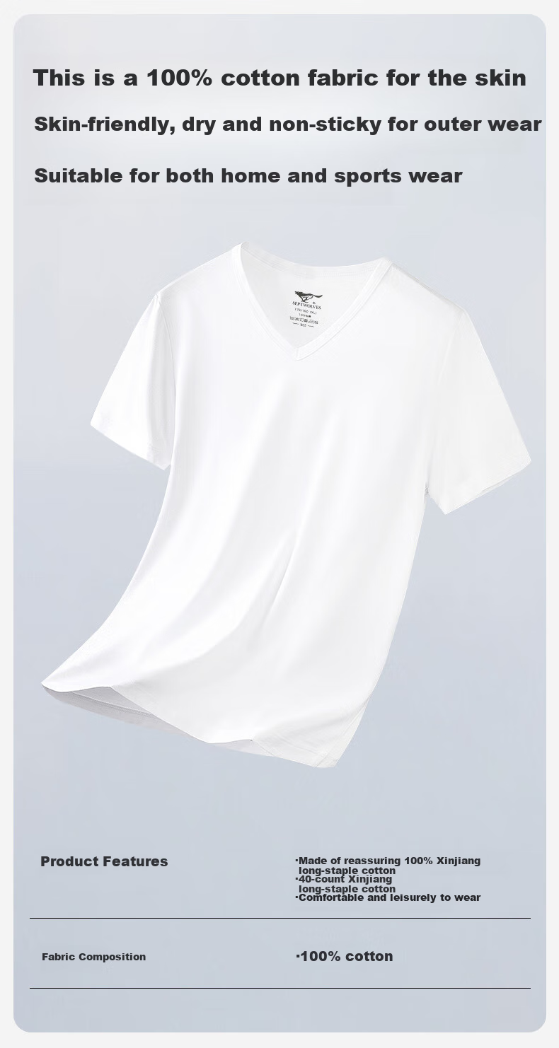 SEPTWOLVES [Classic V-Neck] Men's Short-Sleeve Pure Cotton T-Shirt, Running Sports Base Layer, Sweat-Absorbing Breathable All-Cotton Plain White T-Shirt for Home Wear 1