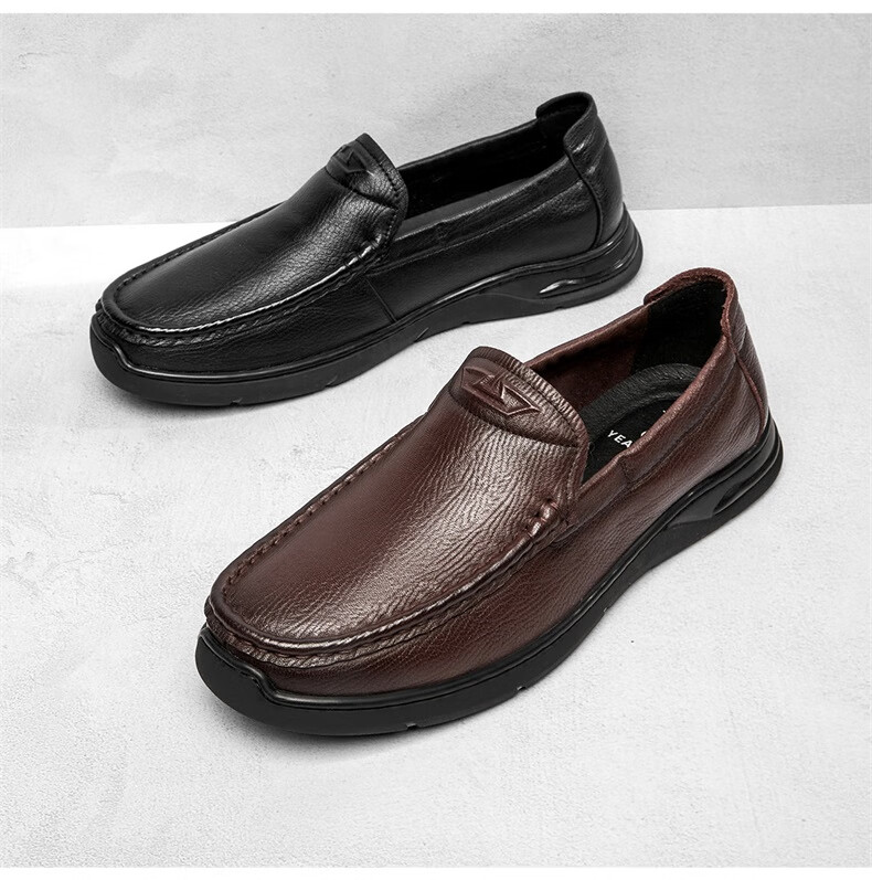 Yierkang Casual Leather Shoes for Men, Comfortable Slip-On Loafers with Perforated Design for Middle-Aged Fathers, Model 61775W, Black, Size 41 15