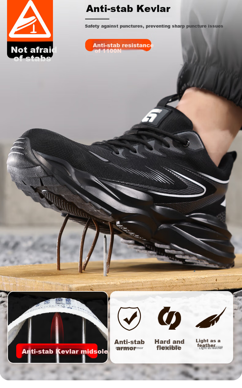 JUNBU Safety Shoes for Men, Summer Breathable Steel Toe Cap, Anti-Smashing And Puncture-Resistant, Ultra-Light Work Boots F118BK Size 43 5