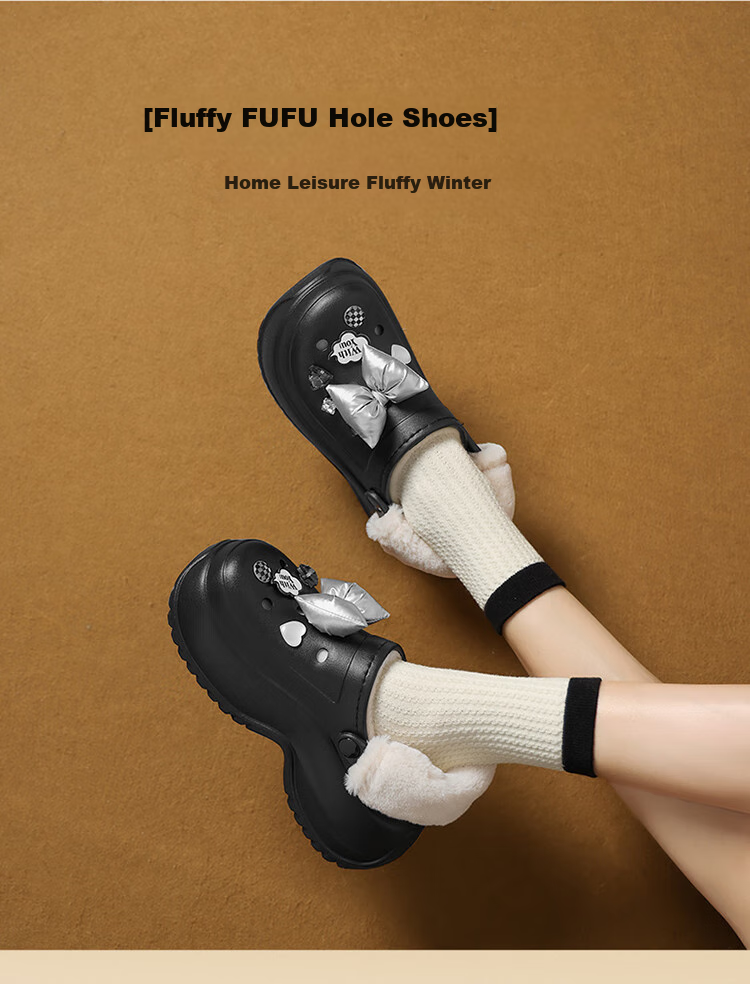Josiny Fleece-Lined Perforated Shoes for Women, Thick-Soled Winter Warm Outdoor Cute Fluffy Cotton Slippers, Black, Size 40 1