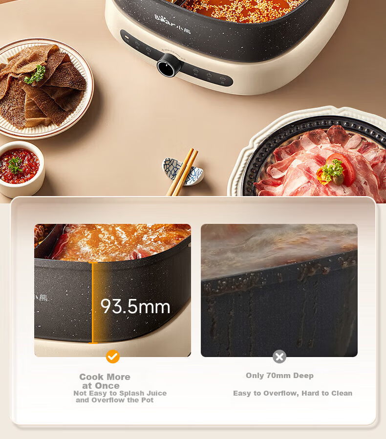 Bear Electric Hot Pot with Temperature Control Zones, Dual-Sided Hot Pot for Hotpot, Stackable Multi-Functional Pot for Home Use with Foldable Design And Storage, 50 Seconds Rapid Boiling DHG-F60N7 7