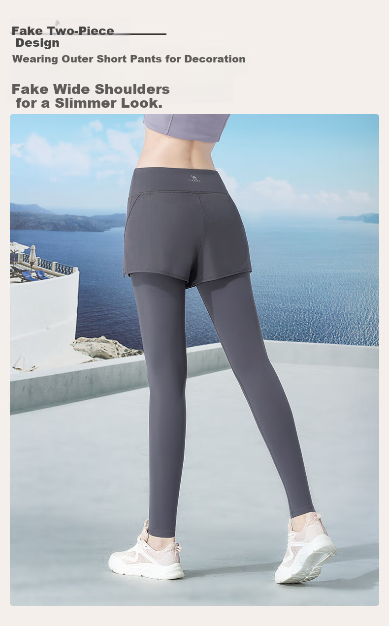 CAMEL Fleece-Lined Faux Two-Piece Fitness Pants for Women, High-Waisted Tight Running Trousers Y24CA4L0612 Phantom Black S 8
