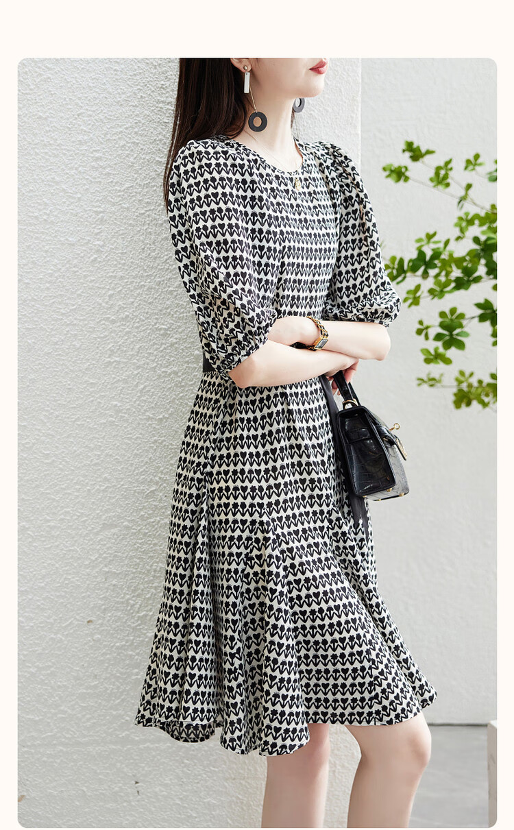 DME Floral Tie-Waist Flared Skirt New Round Neck Waist-Cinching Puff Sleeve Mid-Length Dress for Women Black XL 2