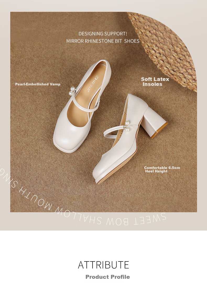 ZHR Women's Lambskin Flats, Shallow Mouth, Chunky High Heels, Mary Jane Shoes, Retro Square Toe, Height-Increasing Women's Shoes, CQ61 Beige, Size 39 3