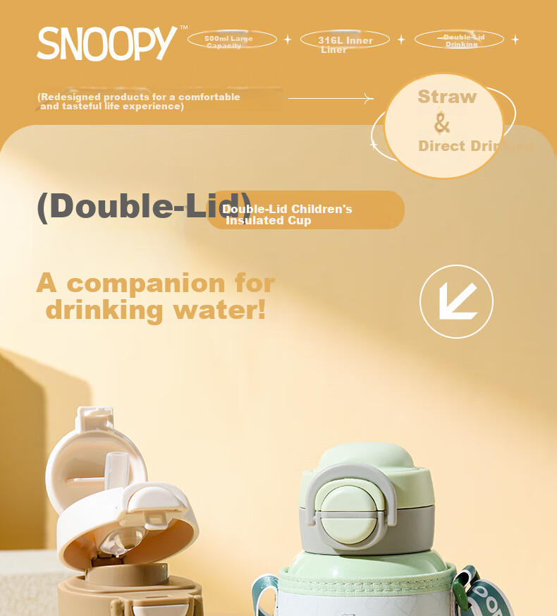 SNOOPY Insulated Cup for Children, 316L Stainless Steel Large Capacity Student Dual-Use Cup, Stylish Kindergarten Straw Water Bottle 1