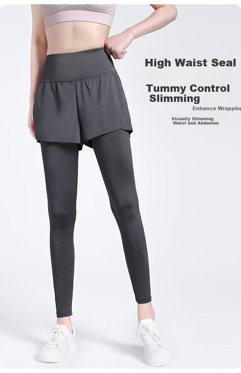 CAMEL Fleece-Lined Faux Two-Piece Fitness Pants for Women, High-Waisted Tight Running Trousers Y24CA4L0612 Phantom Black S 25