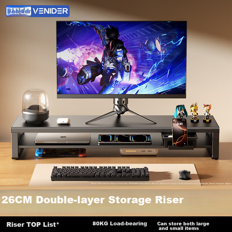 VENIDER Dual-Layer Monitor Riser Stand, Multifunctional Desktop Computer Desk Support, Laptop Screen Display Storage Rack, Height-Increasing Stand, Rechargeable Storage Shelf, USB 3.0 Expansio