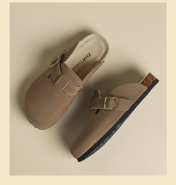 ZHR Women's Slippers, Retro Suede Cowhide Birkenstock-Style Shoes, Soft-Soled Outdoor Wear, Closed-Toe Slippers for Women, JQ03, Sand Color, Size 35 20