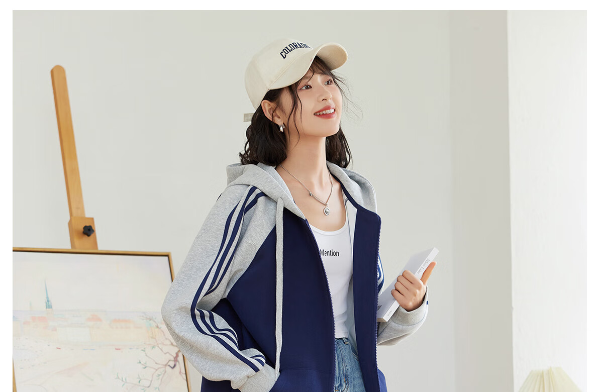 Halo Queen Hoodie Jacket for Women, Color Block Korean Style Casual Coat, Loose Comfortable Cardigan Top, New Product H143W1012 20
