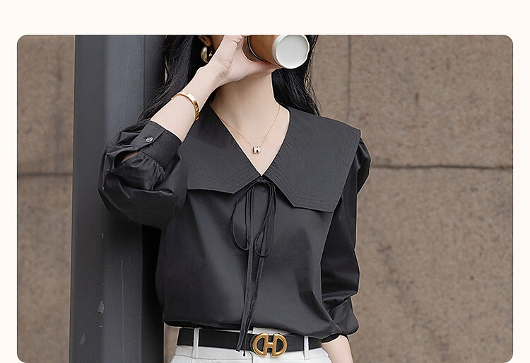 Dme [Will Breathe Cotton] Spring And Autumn Japanese Artistic Turndown Collar Tie-Up Shirt with Puff Sleeves, Concealing Body, Women's Blouse Top 3