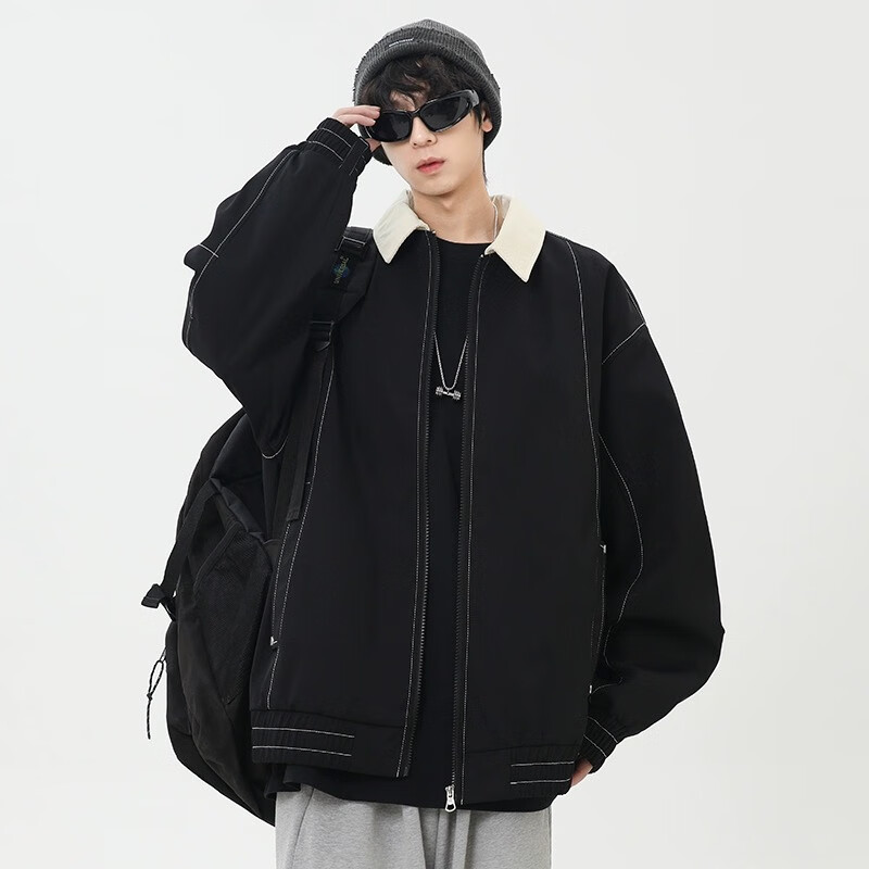 Wassup Sohot Men's Jacket, Spring And Autumn American Workwear Style Coat, Trendy Loose-Fit Lapel Outerwear for Men, Black, Size M