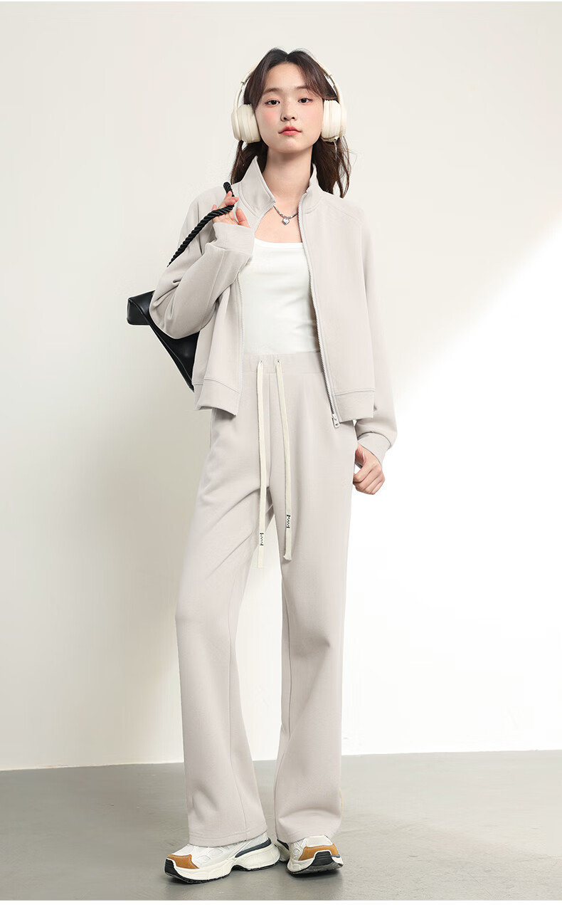 MJ STYLE Starry Sky Cotton Casual Women's Outfit, Spring And Autumn 2026 New Style, Stand-Up Collar Short Cardigan Jacket, Straight Wide-Leg Pants Two-Piece Set 10