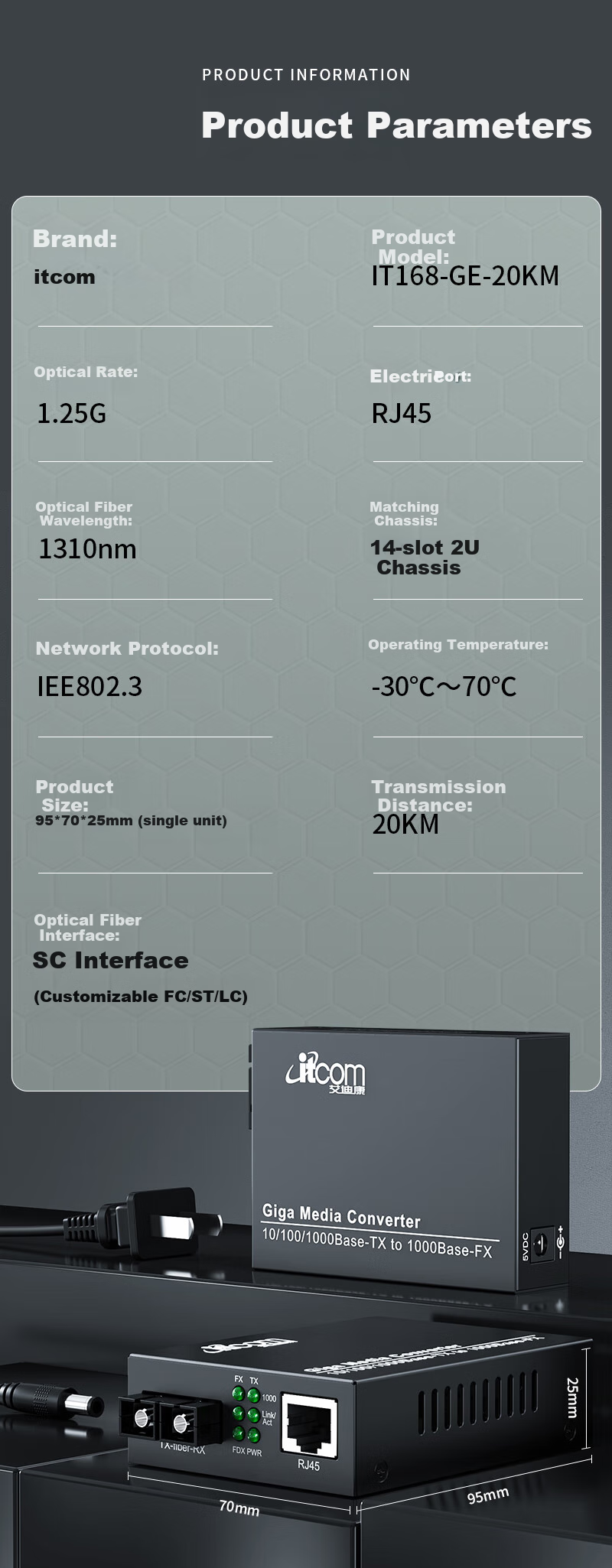 Itcom, Telecom-Grade Fiber Optic Transceiver, Gigabit One Pair Single-Mode Dual-Fiber Optical-Electrical Converter, SC Interface, 20km Network Monitoring, Lightning And Surge Protection, IT168-GE 2