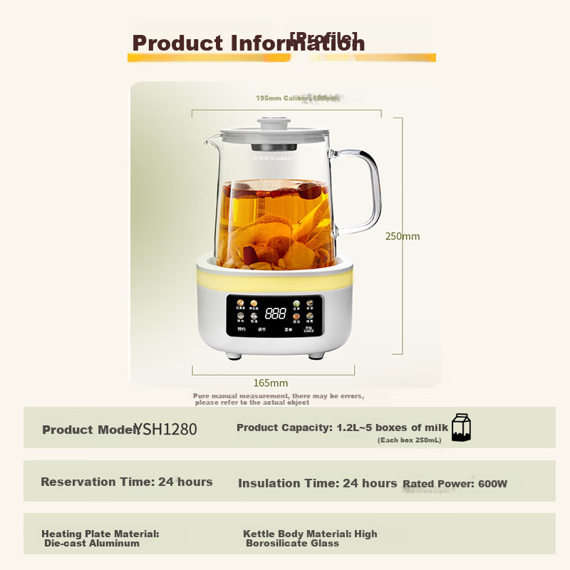 Royalstar Health Pot, All Glass, No Glue, Constant Temperature Kettle, Water Boiler, Tea Maker, 1.2L Household Office Flower Tea Pot, Health Cup, Mid-Autumn Festival Gift, 24H Heat Preservation YSH1280