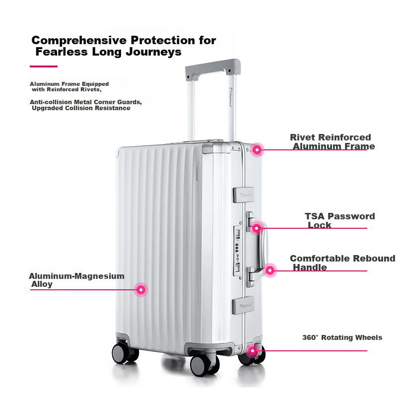 Diplomat Aluminum Alloy Frame Suitcase, Fashionable Magnesium And Aluminum Alloy Luggage for Men And Women, Travel Trolley Case TL-25052 Silver 20 Inch