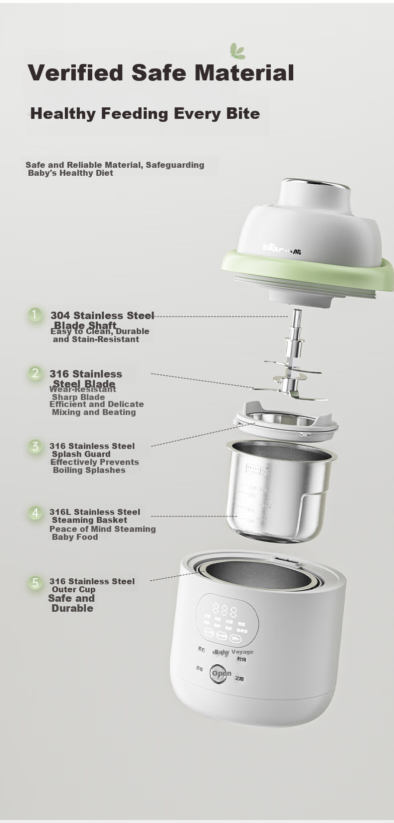 Bear Baby Food Processor Waterless Blending Steaming Cooking Multi-Function Age-Appropriate Puree Maker with Dual Cups 15
