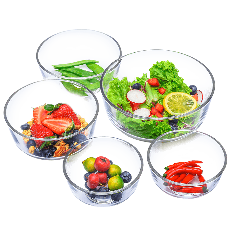 Ocean Thai Imported Glass Salad Bowl, Noodle Bowl, Soup Bowl, Fruit Dessert Bowl Set of Five Pieces